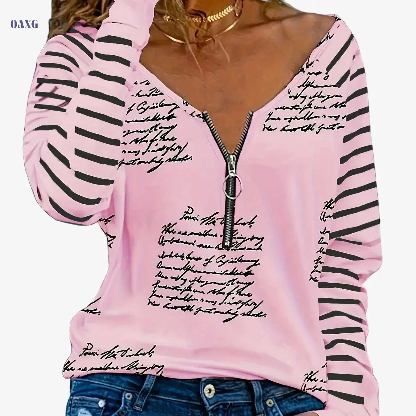 Women's V-Neck Casual T-Shirt - Half-Cloud Print, 100% Polyester   OAXG White / S