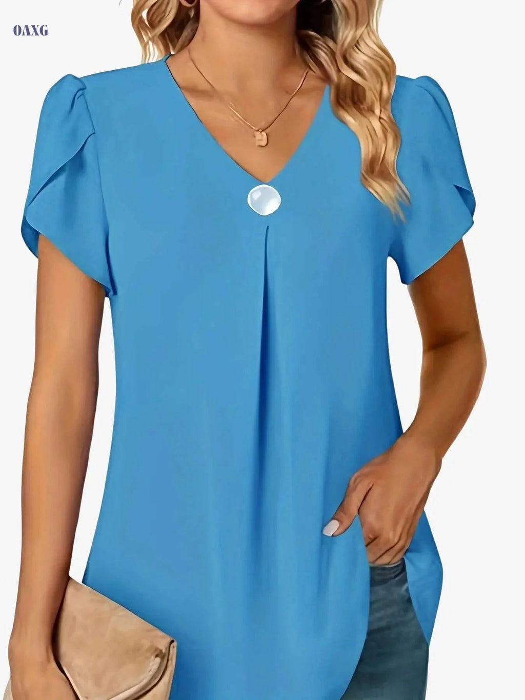 Women's V-Neck Chiffon Blouse - Ruffle Sleeve, Waist-Tie Style   OAXG 