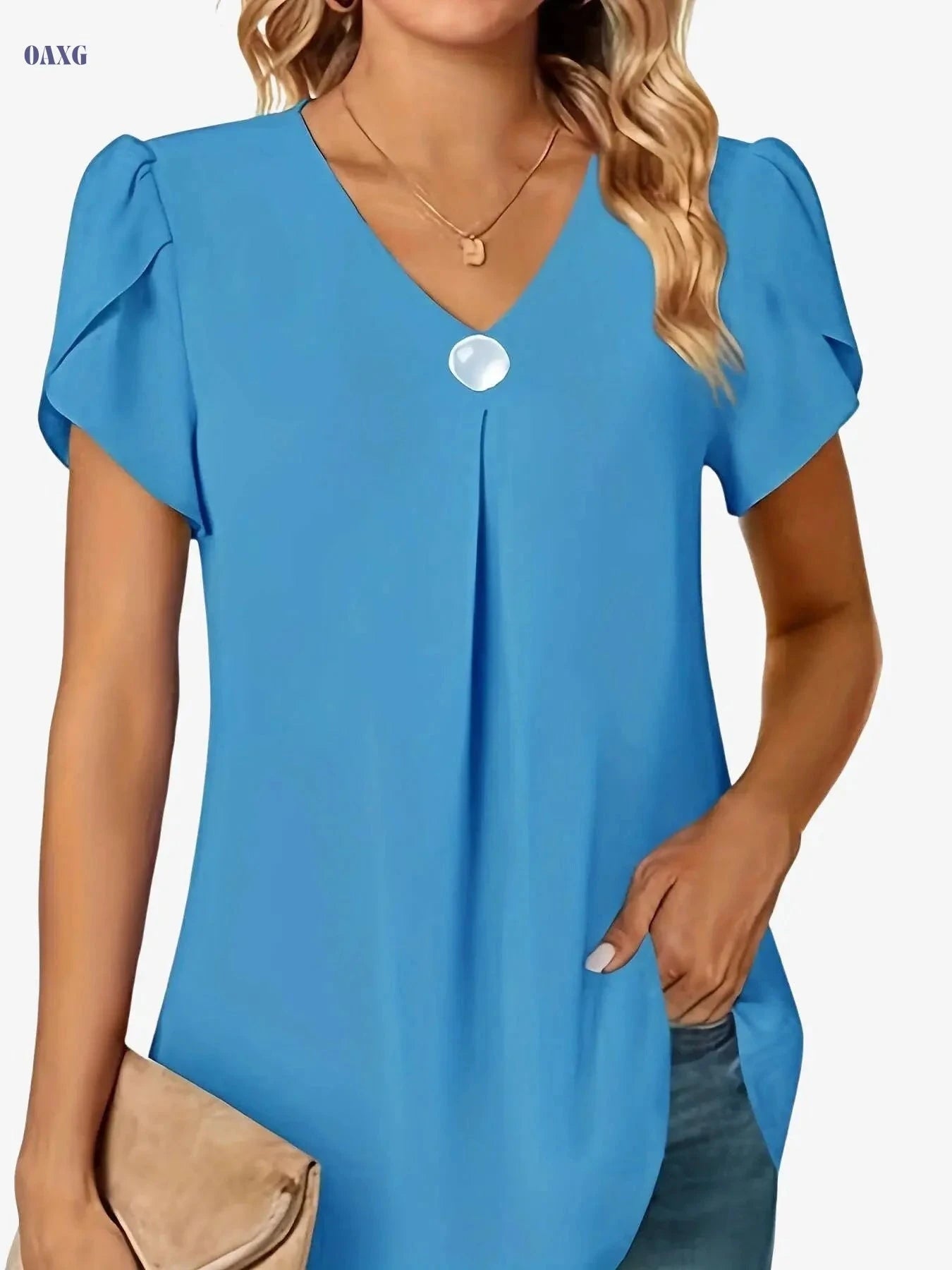 Women's V-Neck Chiffon Blouse - Ruffle Sleeve, Waist-Tie Style   OAXG 