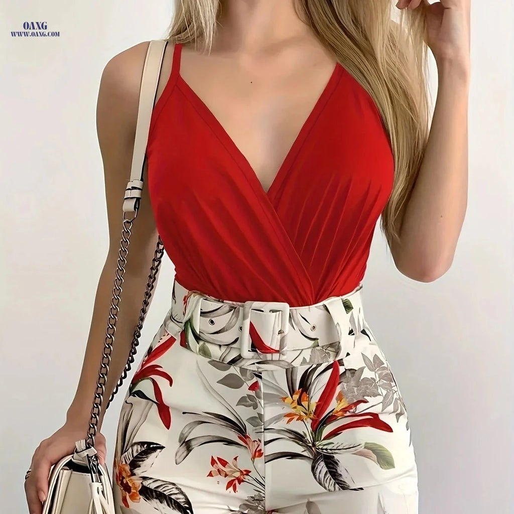 Women's V-Neck Floral Camisole & Shorts Set with Belt - Spring/Summer   OAXG 