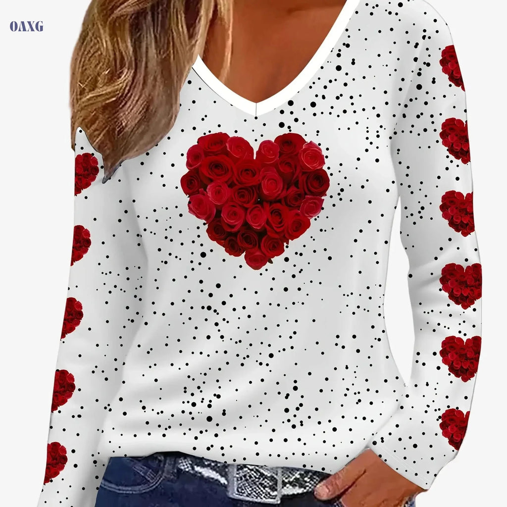 Women's V-Neck Heart Print T-Shirt - Casual & Dressy Wear   OAXG 
