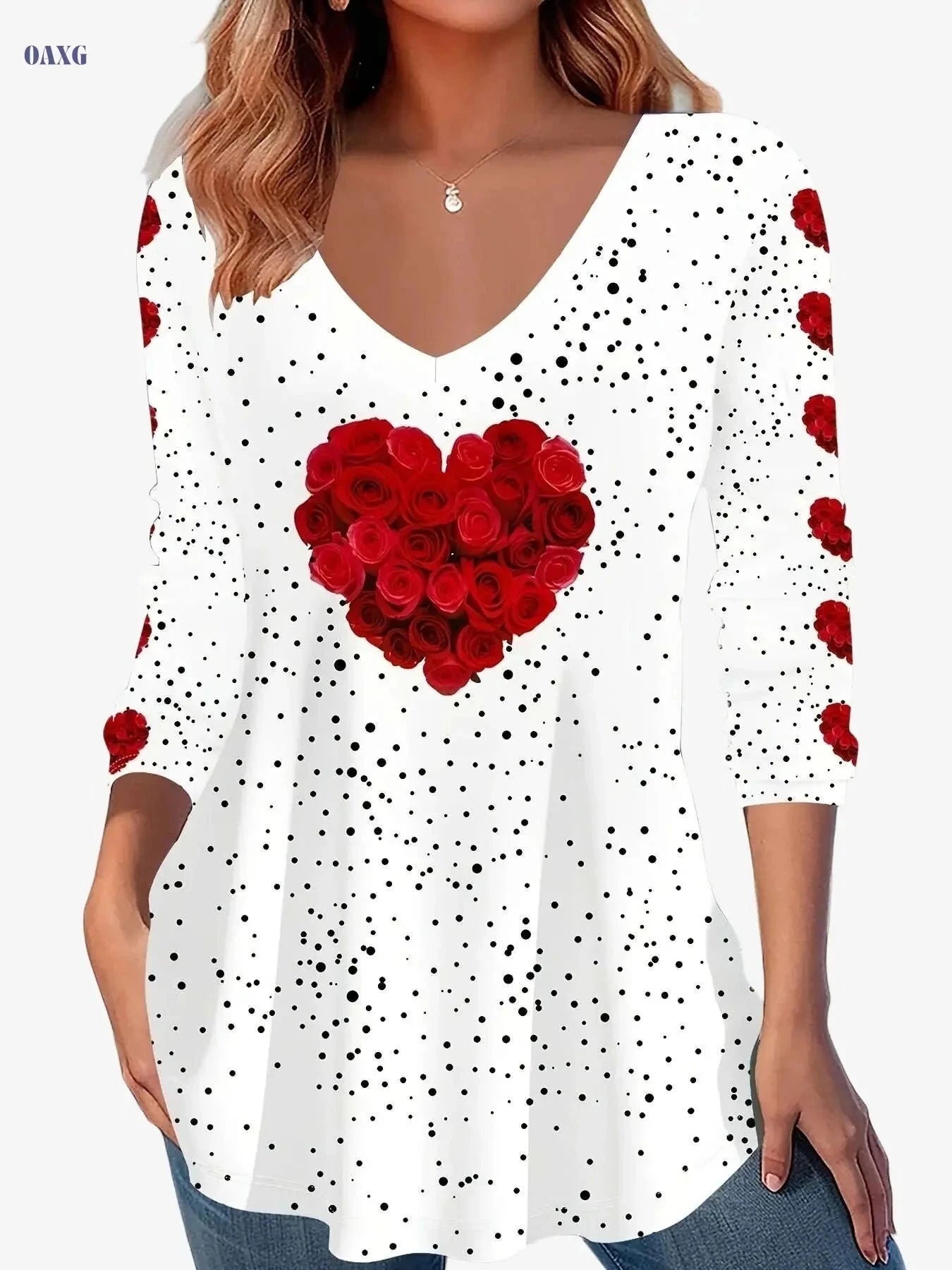 Women's V-Neck Heart Print T-Shirt - Casual & Dressy Wear   OAXG White / S