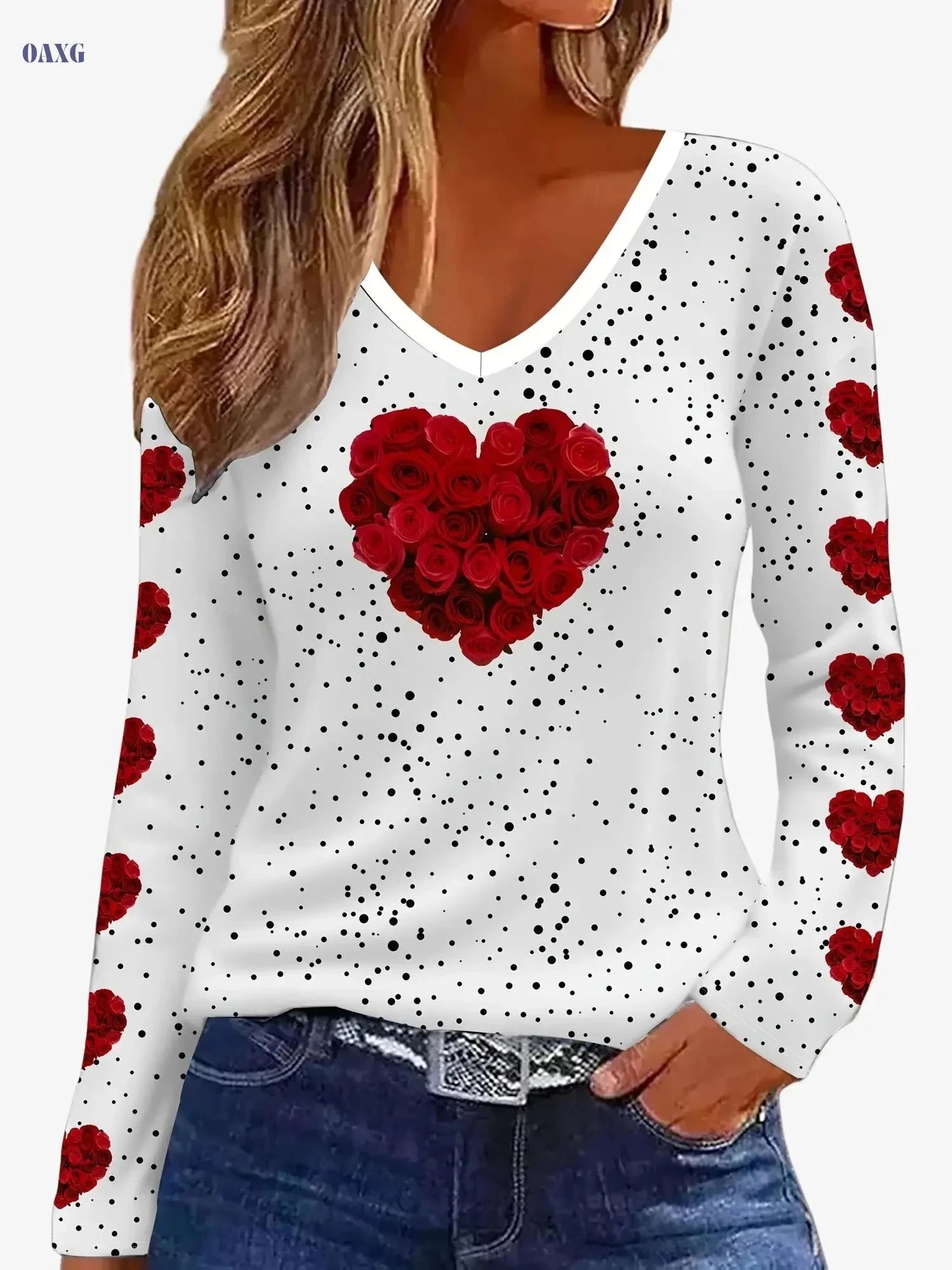 Women's V-Neck Heart Print T-Shirt - Casual & Dressy Wear   OAXG White / S
