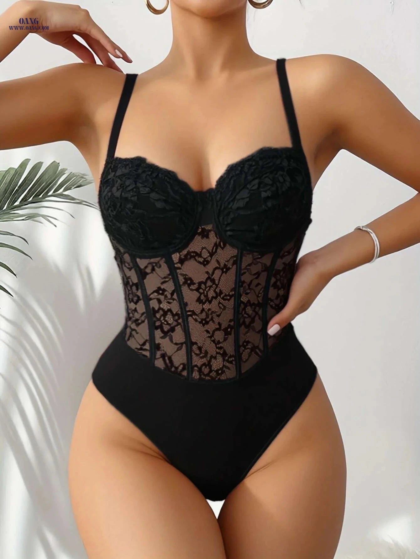 Women's V-Neck Lace Fishbone Bodysuit - Slim Fit, All-Season Style   OAXG 
