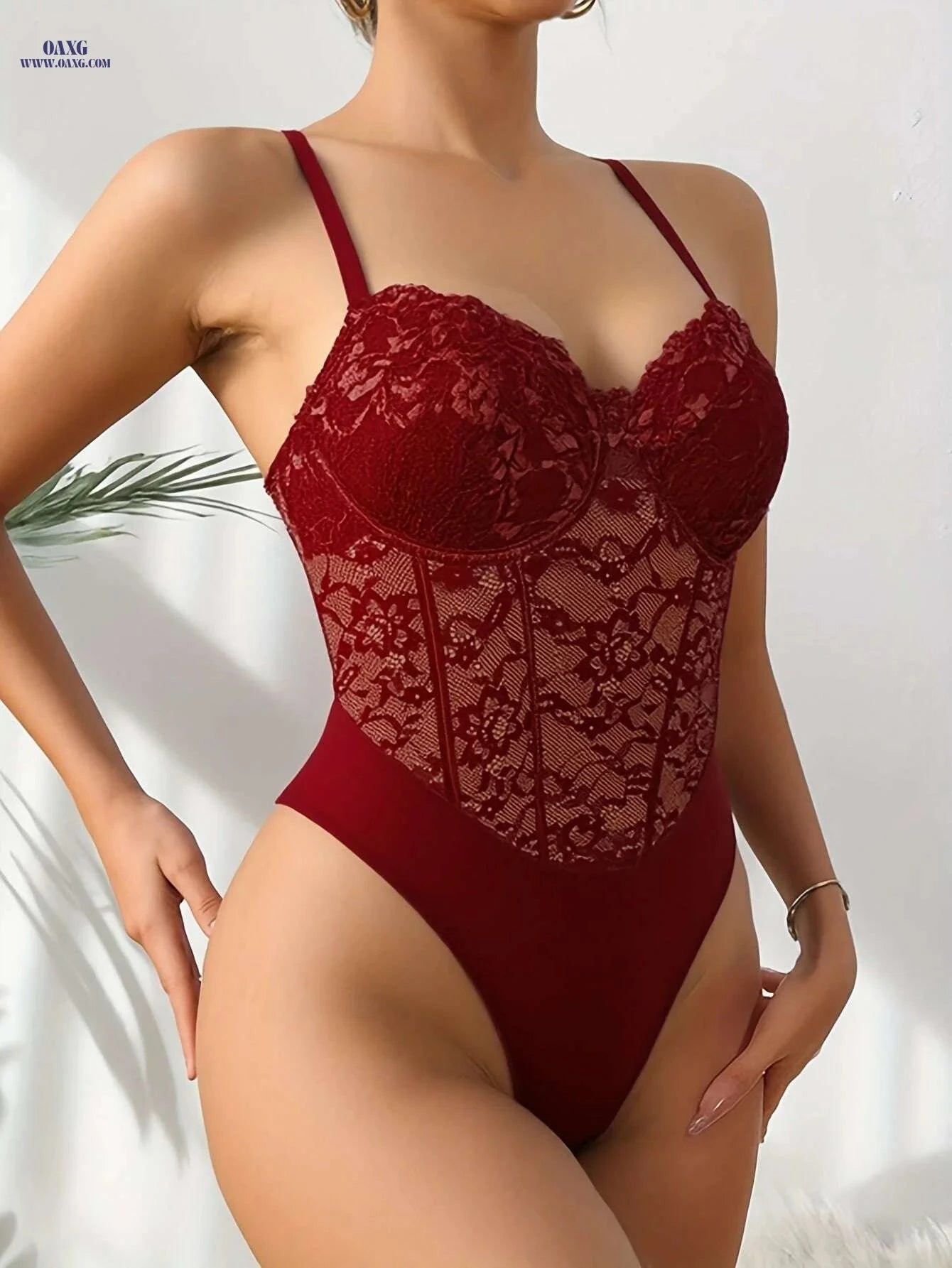 Women's V-Neck Lace Fishbone Bodysuit - Slim Fit, All-Season Style   OAXG Black / XS