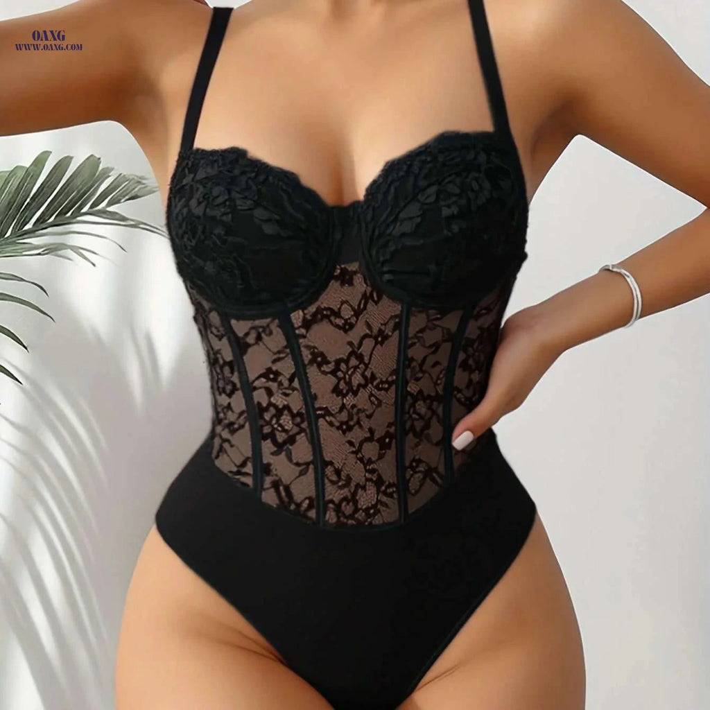 Women's V-Neck Lace Fishbone Bodysuit - Slim Fit, All-Season Style   OAXG 