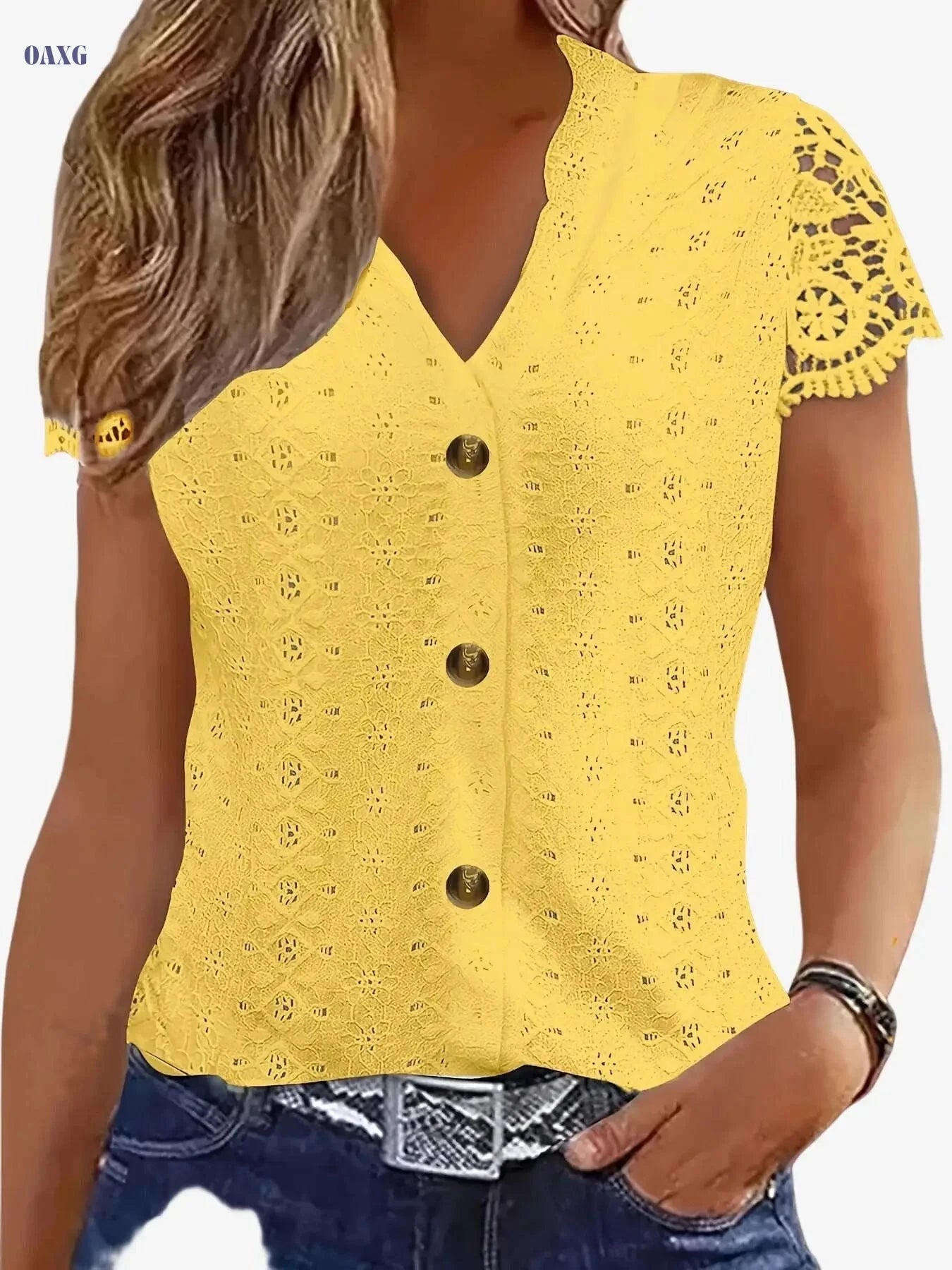 Women's V-Neck Lace Patchwork T-Shirt - Casual Summer Style   OAXG 