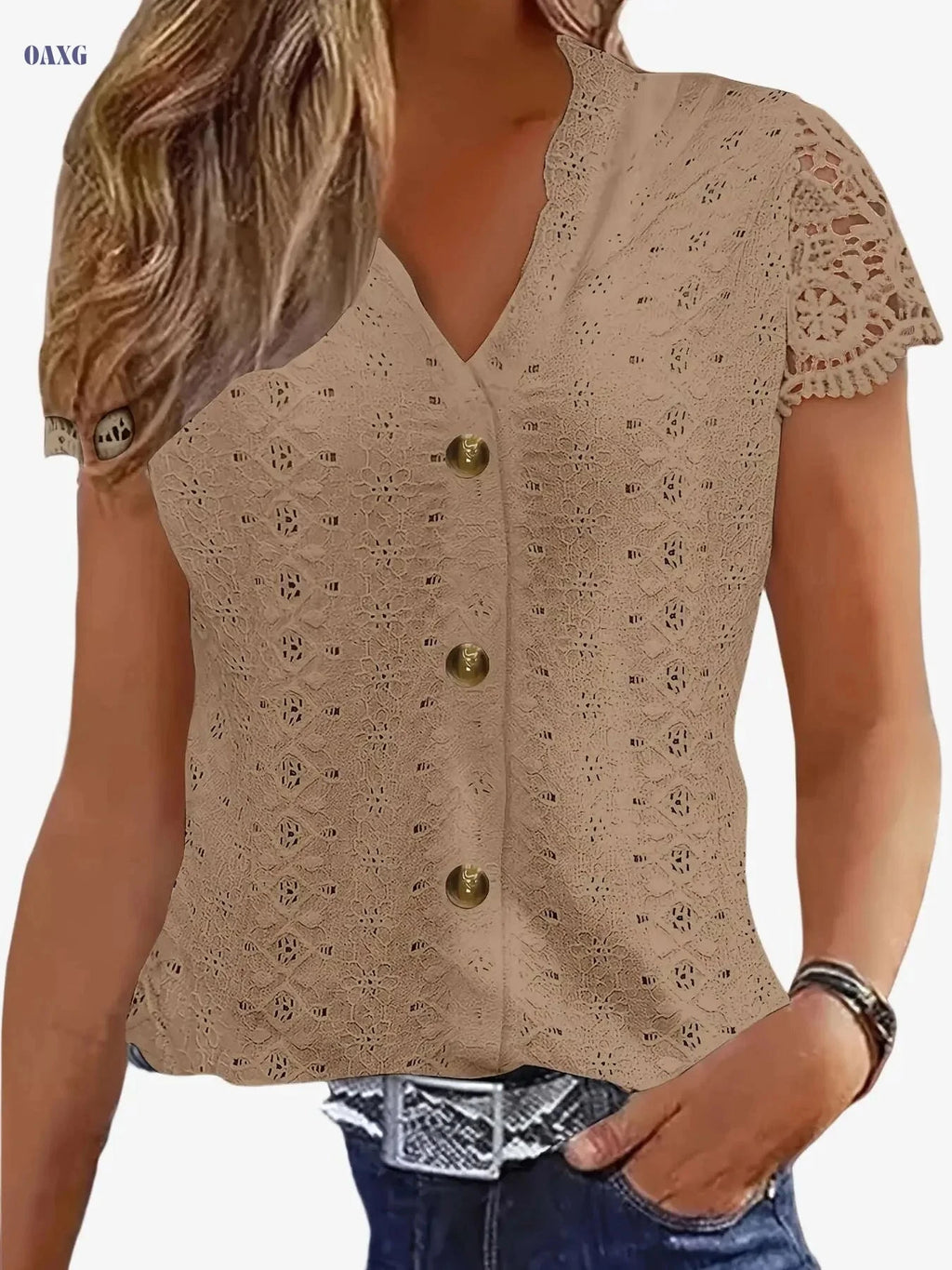 Women's V-Neck Lace Patchwork T-Shirt - Casual Summer Style   OAXG Mineral Green / S