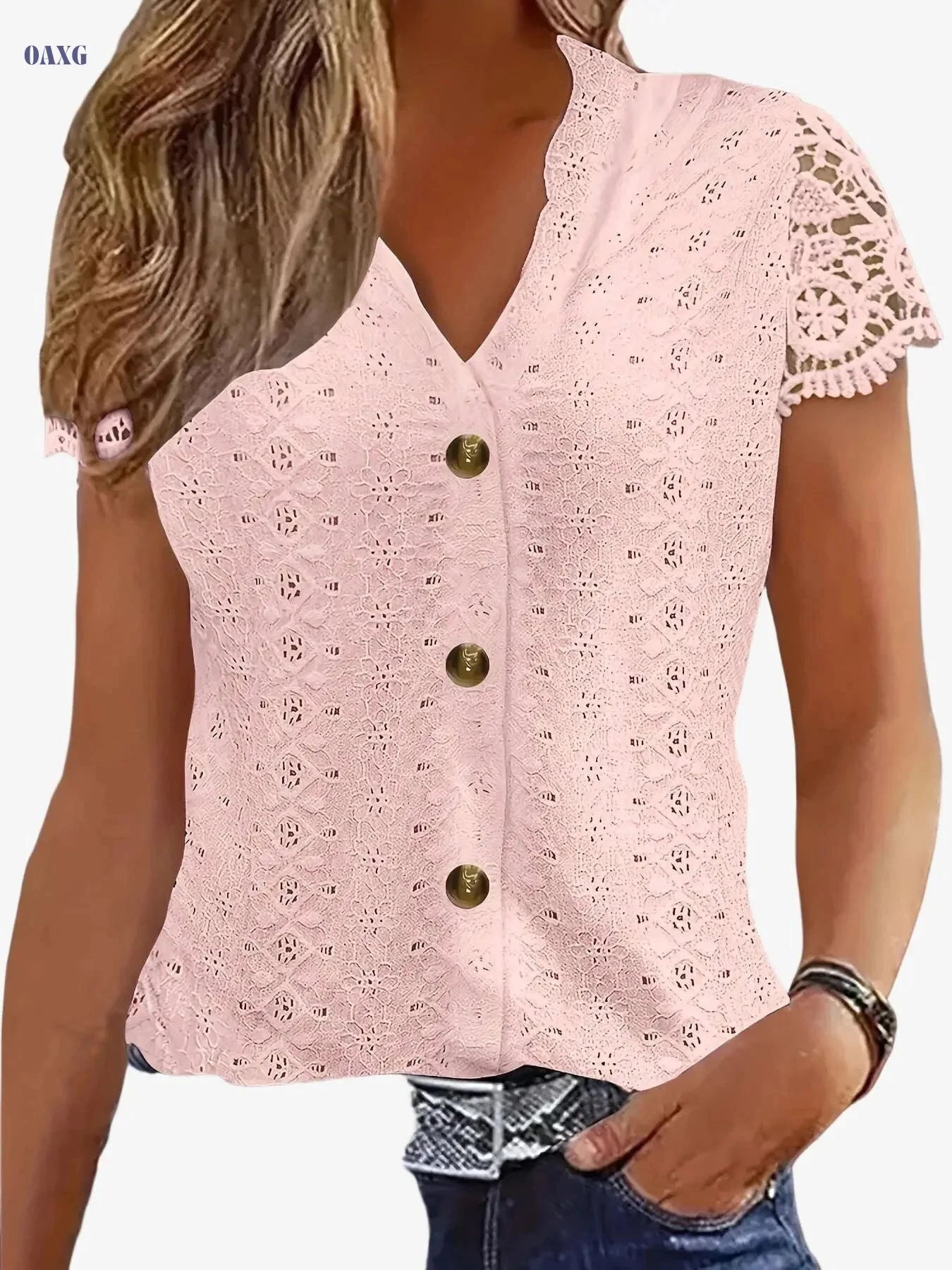Women's V-Neck Lace Patchwork T-Shirt - Casual Summer Style   OAXG Mineral Green / S