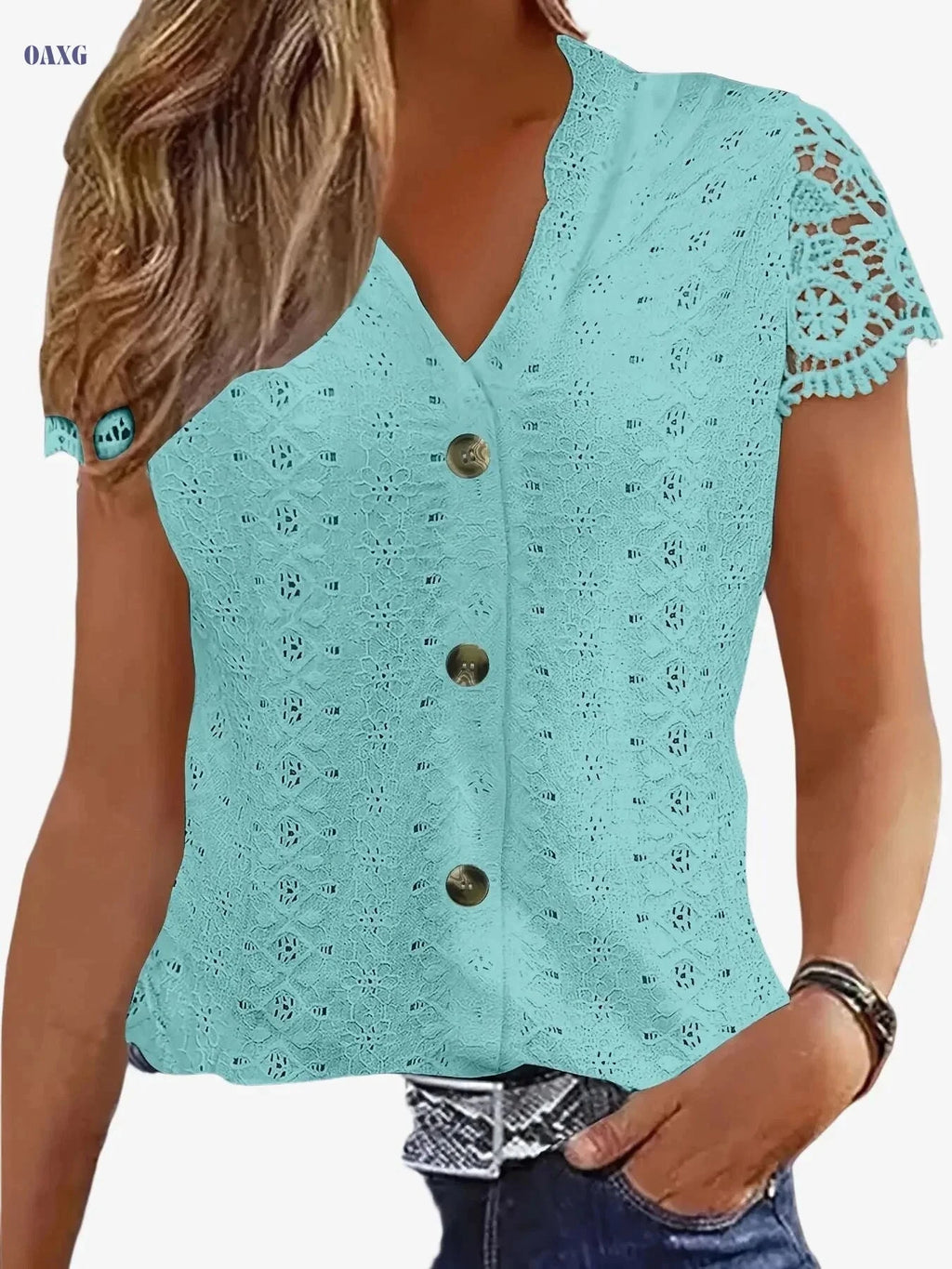Women's V-Neck Lace Patchwork T-Shirt - Casual Summer Style   OAXG 
