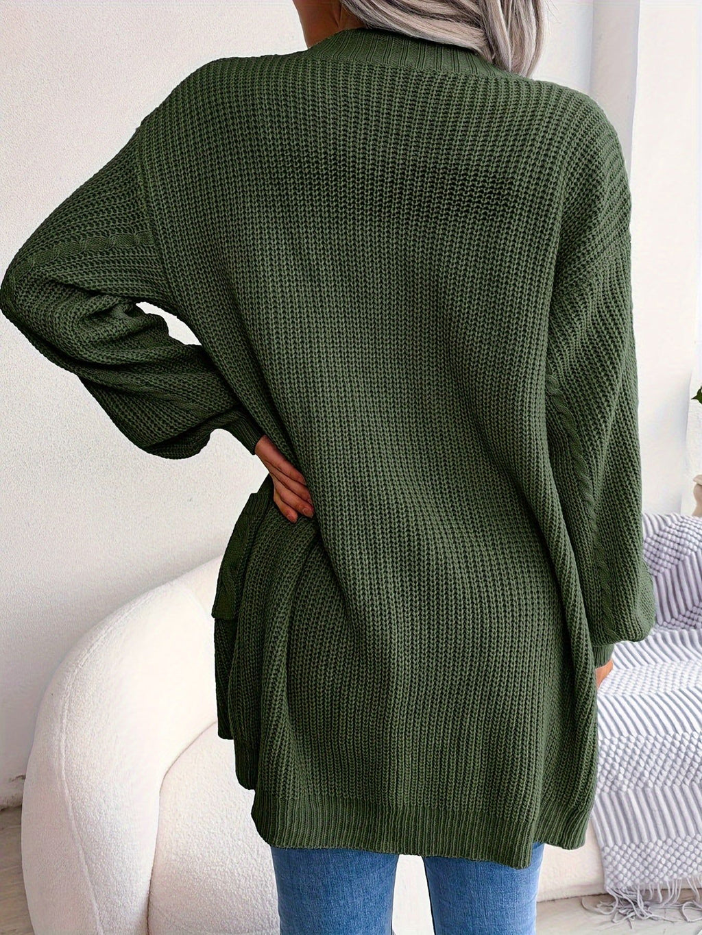 Women'S V-Neck Long Sleeve Open Front Cardigan, Solid Color, Simple Casual Knitwear, Polyester, with Drop Shoulder, No Belt, No Chest Pad, for Autumn, Winter, Vacation   OAXG Blue / S
