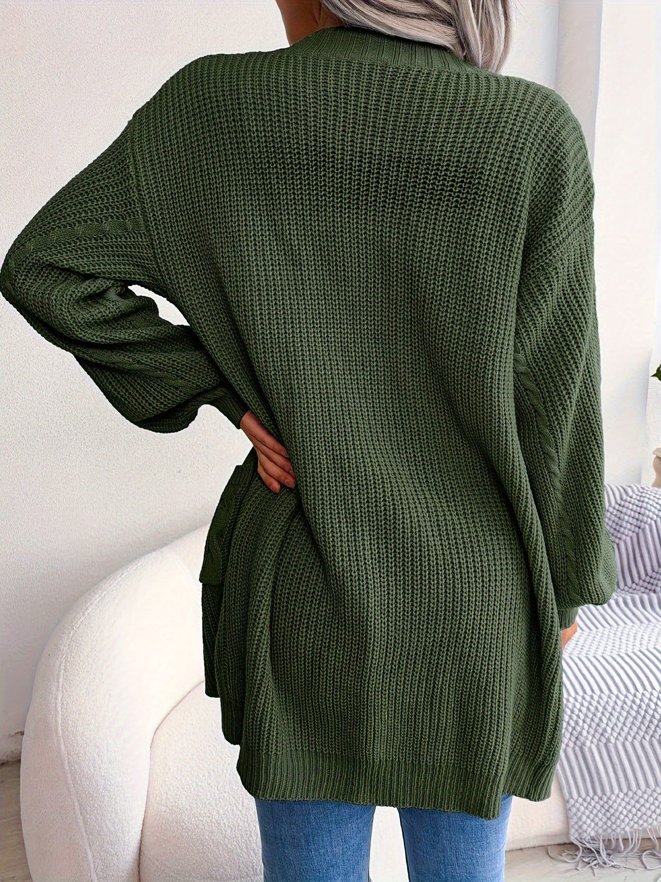 Women'S V-Neck Long Sleeve Open Front Cardigan, Solid Color, Simple Casual Knitwear, Polyester, with Drop Shoulder, No Belt, No Chest Pad, for Autumn, Winter, Vacation   OAXG Blue / S