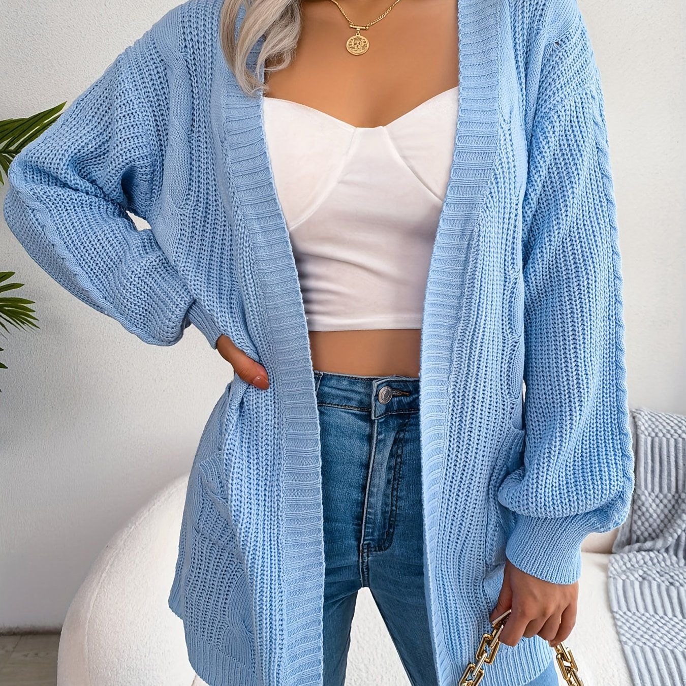 Women'S V-Neck Long Sleeve Open Front Cardigan, Solid Color, Simple Casual Knitwear, Polyester, with Drop Shoulder, No Belt, No Chest Pad, for Autumn, Winter, Vacation   OAXG Blue / S