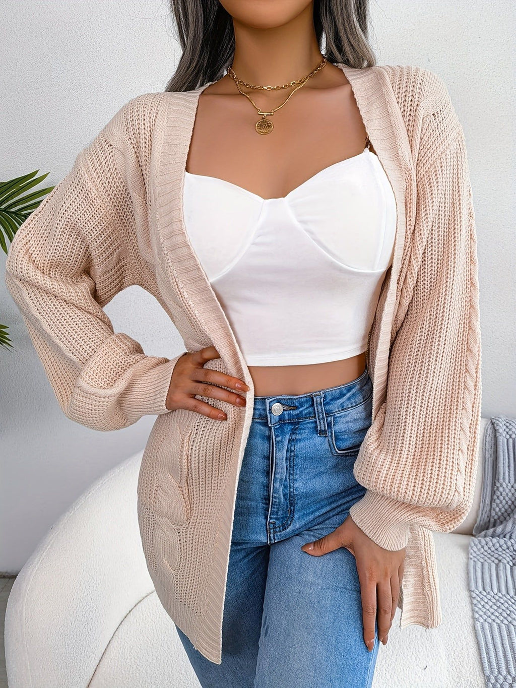 Women'S V-Neck Long Sleeve Open Front Cardigan, Solid Color, Simple Casual Knitwear, Polyester, with Drop Shoulder, No Belt, No Chest Pad, for Autumn, Winter, Vacation   OAXG Blue / S