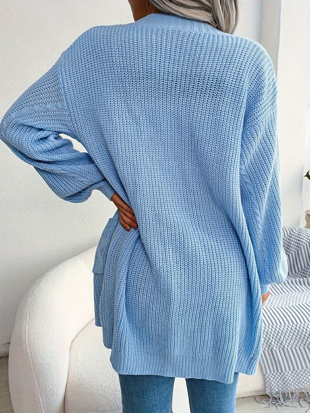 Women'S V-Neck Long Sleeve Open Front Cardigan, Solid Color, Simple Casual Knitwear, Polyester, with Drop Shoulder, No Belt, No Chest Pad, for Autumn, Winter, Vacation   OAXG Blue / S