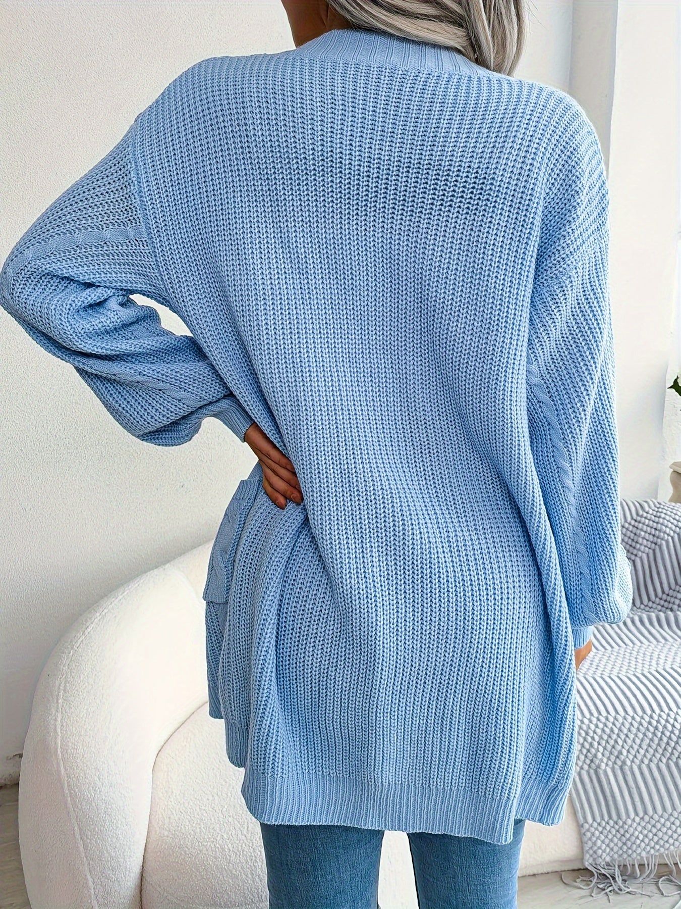Women'S V-Neck Long Sleeve Open Front Cardigan, Solid Color, Simple Casual Knitwear, Polyester, with Drop Shoulder, No Belt, No Chest Pad, for Autumn, Winter, Vacation   OAXG Blue / S