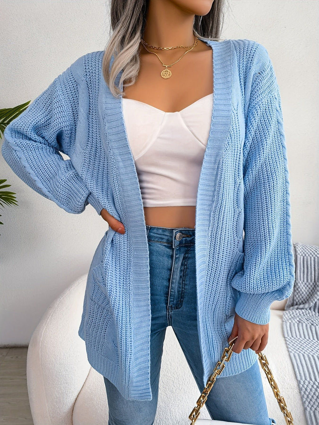 Women'S V-Neck Long Sleeve Open Front Cardigan, Solid Color, Simple Casual Knitwear, Polyester, with Drop Shoulder, No Belt, No Chest Pad, for Autumn, Winter, Vacation   OAXG Blue / S