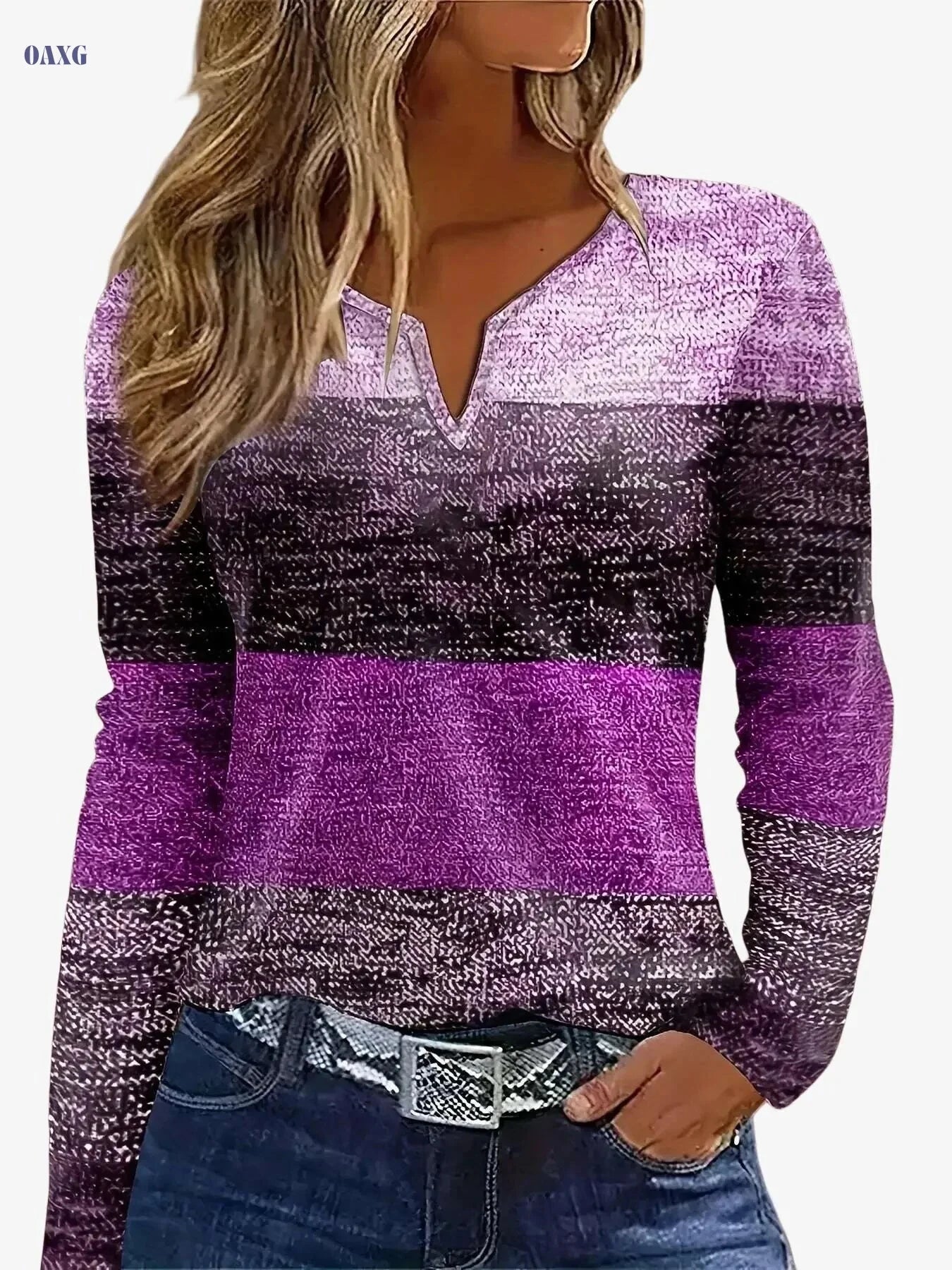 Women's V-Neck Long Sleeve T-Shirt - Purple & Black Color Block Design   OAXG Purple / S