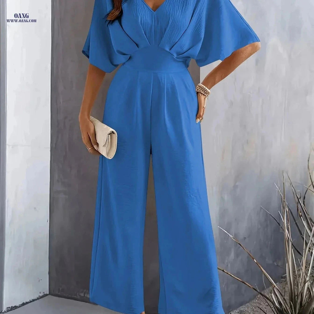 Women's V-Neck Loose Jumpsuit - Flared Sleeve, Spring/Summer Style   OAXG Blue / S