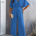 Women's V-Neck Loose Jumpsuit - Flared Sleeve, Spring/Summer Style   OAXG Blue / S