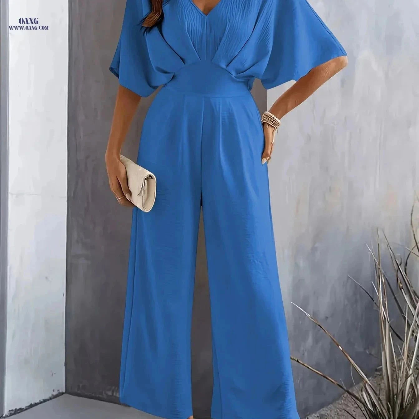 Women's V-Neck Loose Jumpsuit - Flared Sleeve, Spring/Summer Style   OAXG Blue / S