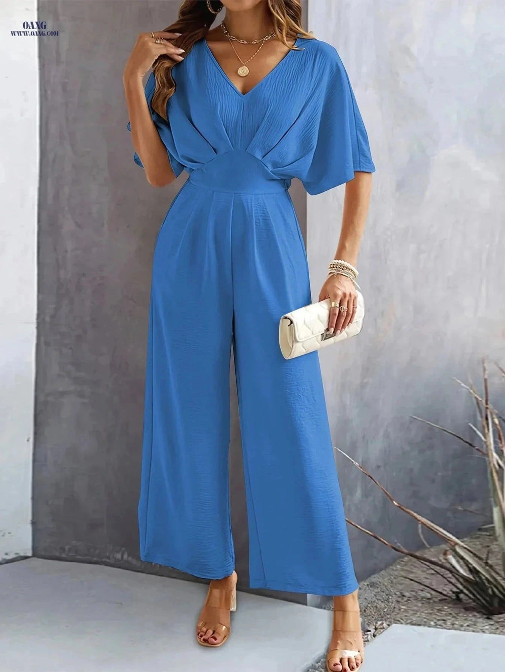 Women's V-Neck Loose Jumpsuit - Flared Sleeve, Spring/Summer Style   OAXG Blue / S