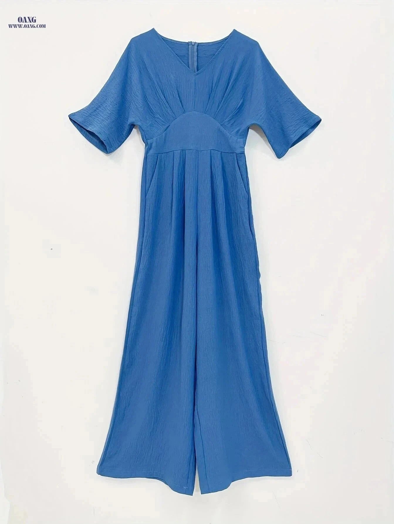 Women's V-Neck Loose Jumpsuit - Flared Sleeve, Spring/Summer Style   OAXG Blue / S
