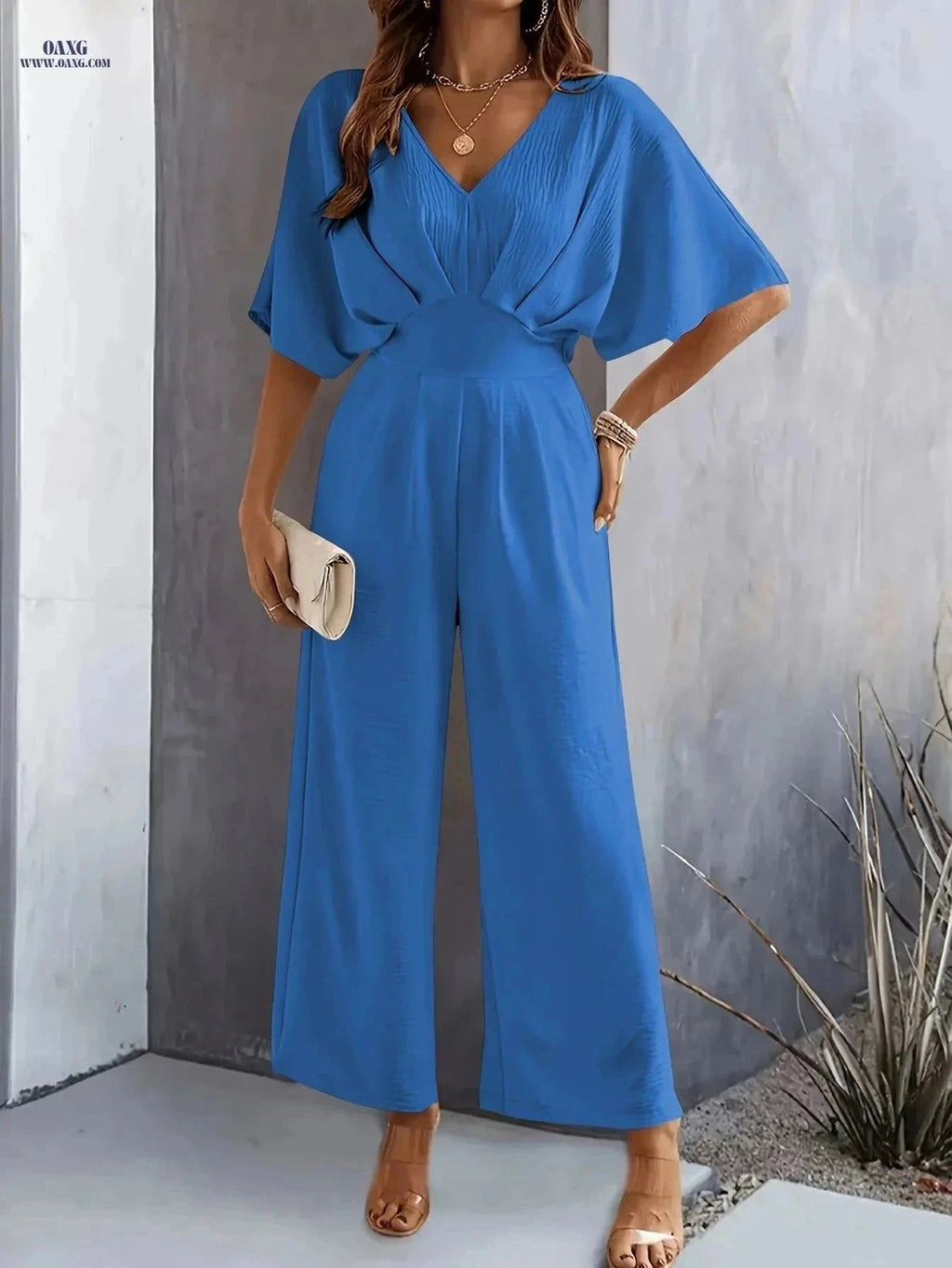 Women's V-Neck Loose Jumpsuit - Flared Sleeve, Spring/Summer Style   OAXG Blue / S
