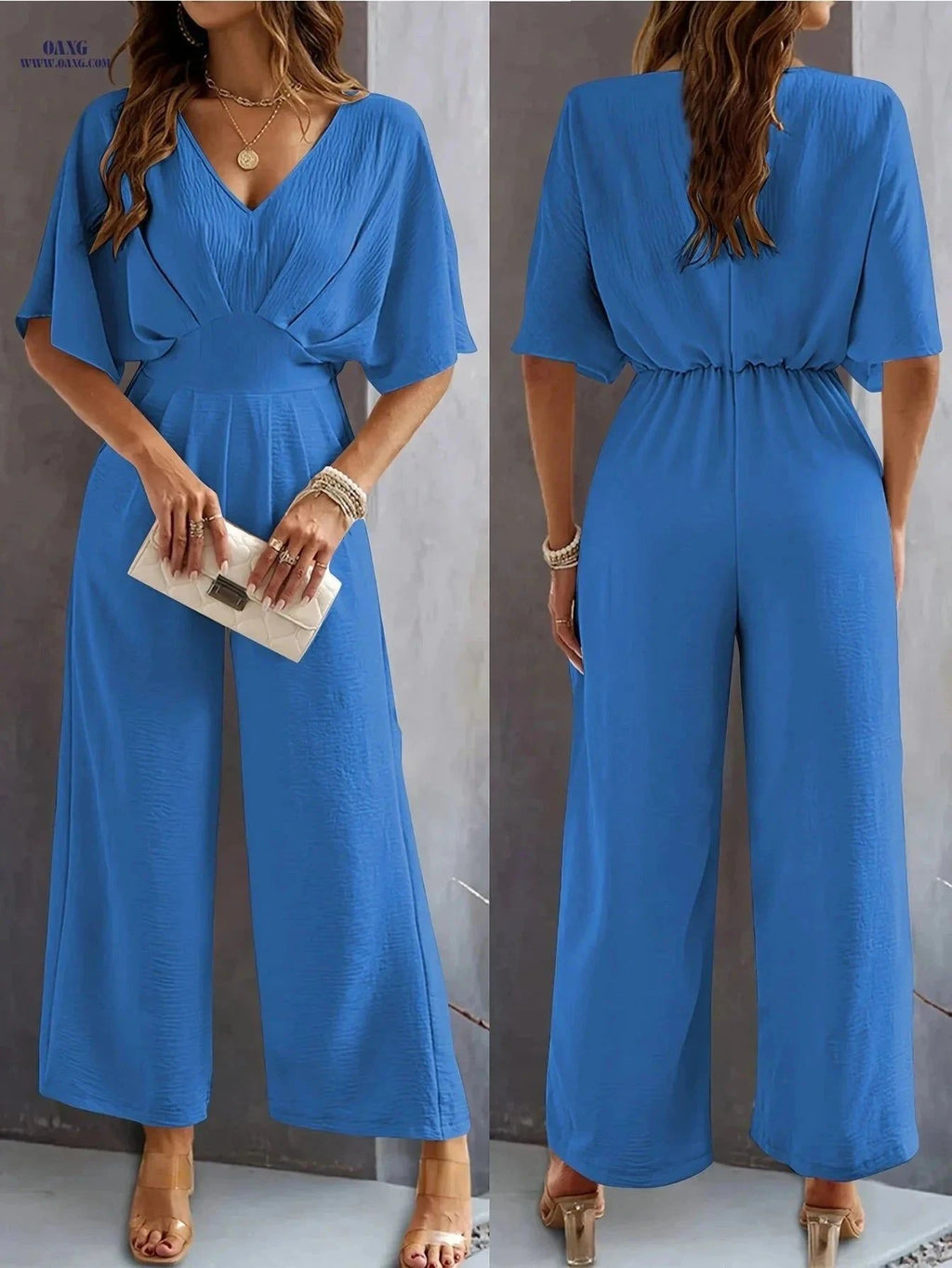 Women's V-Neck Loose Jumpsuit - Flared Sleeve, Spring/Summer Style   OAXG Blue / S