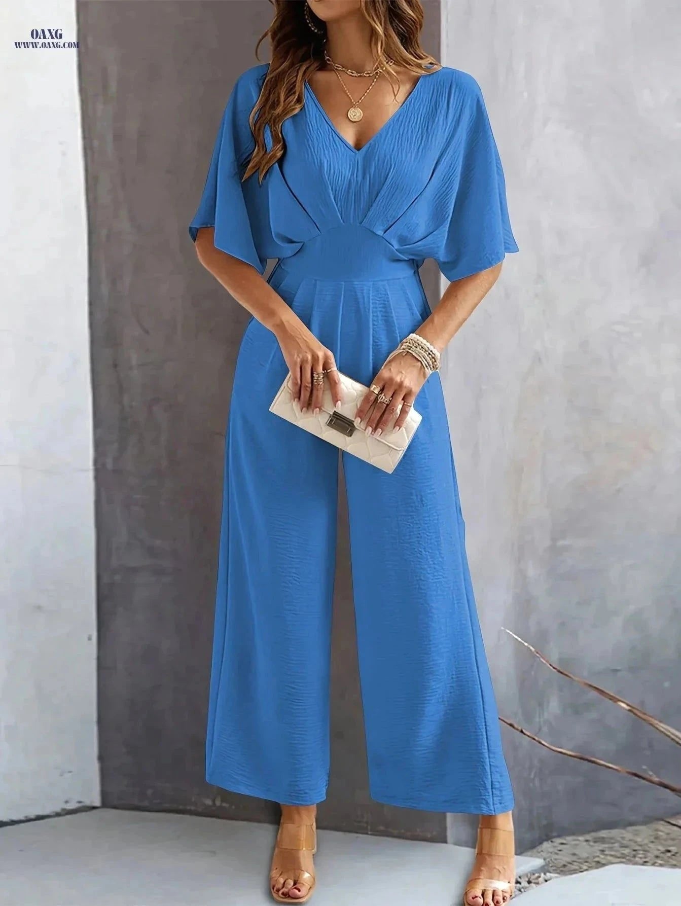 Women's V-Neck Loose Jumpsuit - Flared Sleeve, Spring/Summer Style   OAXG Blue / S