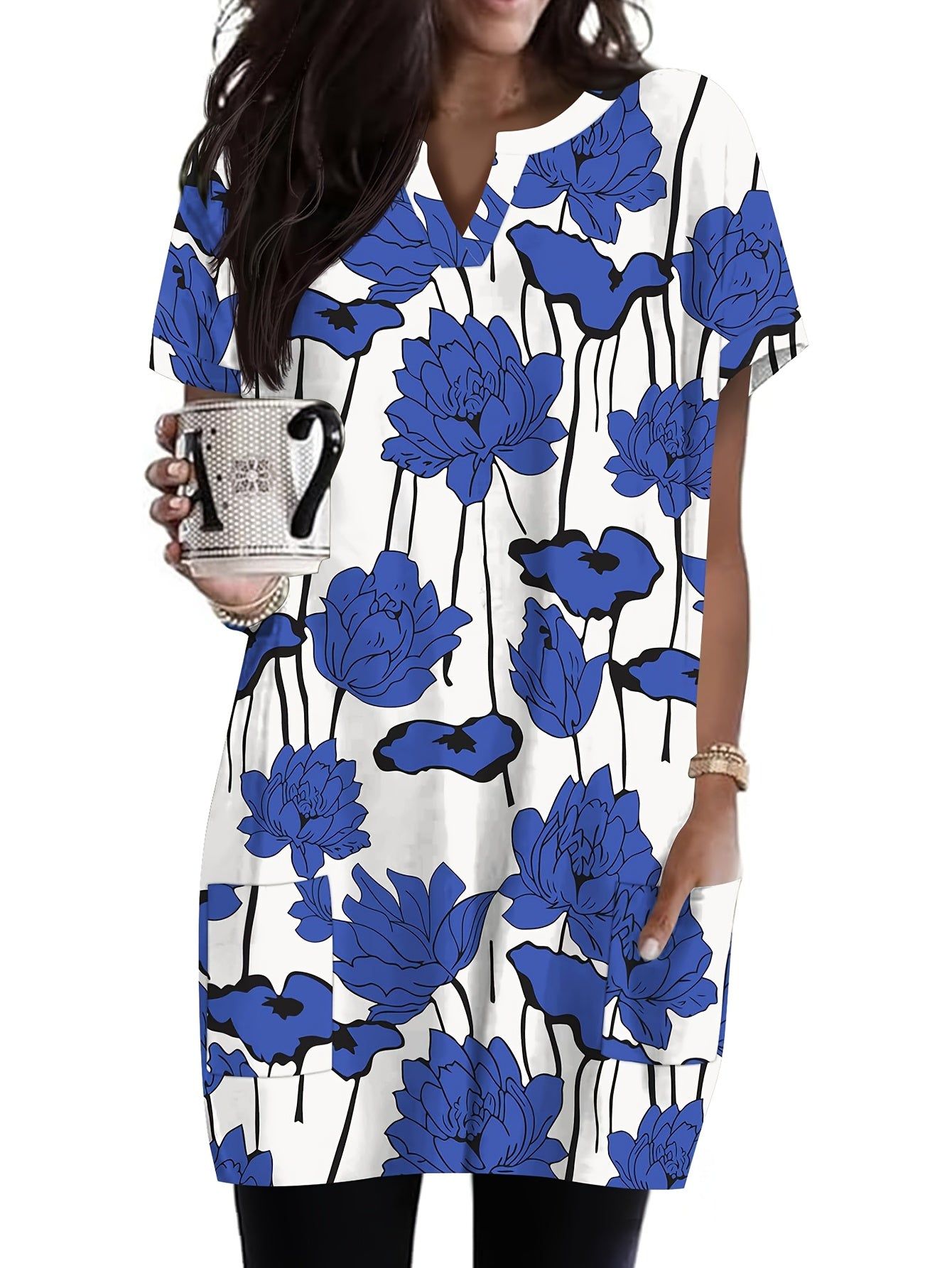 Women's V-Neck Maxi T-Shirt with Short Sleeves - Loose Fit Casual Blouse, Full-Body Print (Pockets), Machine Washable Comfortable Long Top for Casual Attire, Year-Round Outfits   OAXG Multicolor 2 / S