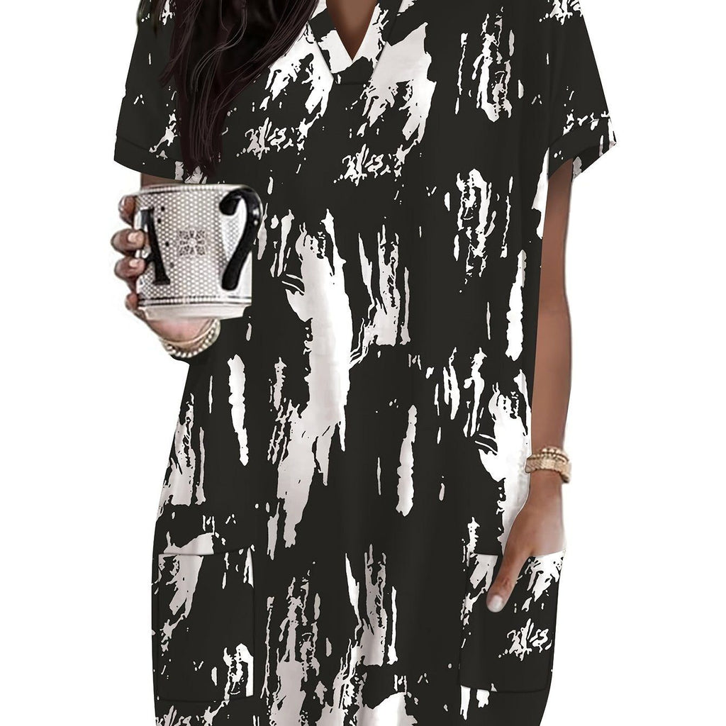 Women's V-Neck Maxi T-Shirt with Short Sleeves - Loose Fit Casual Blouse, Full-Body Print (Pockets), Machine Washable Comfortable Long Top for Casual Attire, Year-Round Outfits   OAXG Multicolor 2 / S