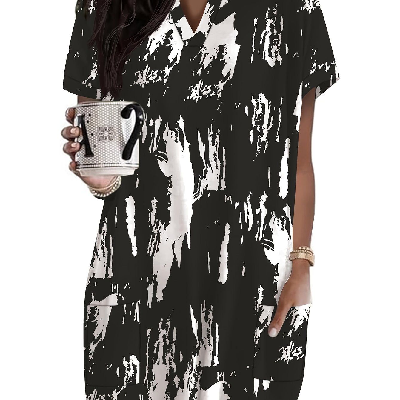 Women's V-Neck Maxi T-Shirt with Short Sleeves - Loose Fit Casual Blouse, Full-Body Print (Pockets), Machine Washable Comfortable Long Top for Casual Attire, Year-Round Outfits   OAXG Multicolor 2 / S