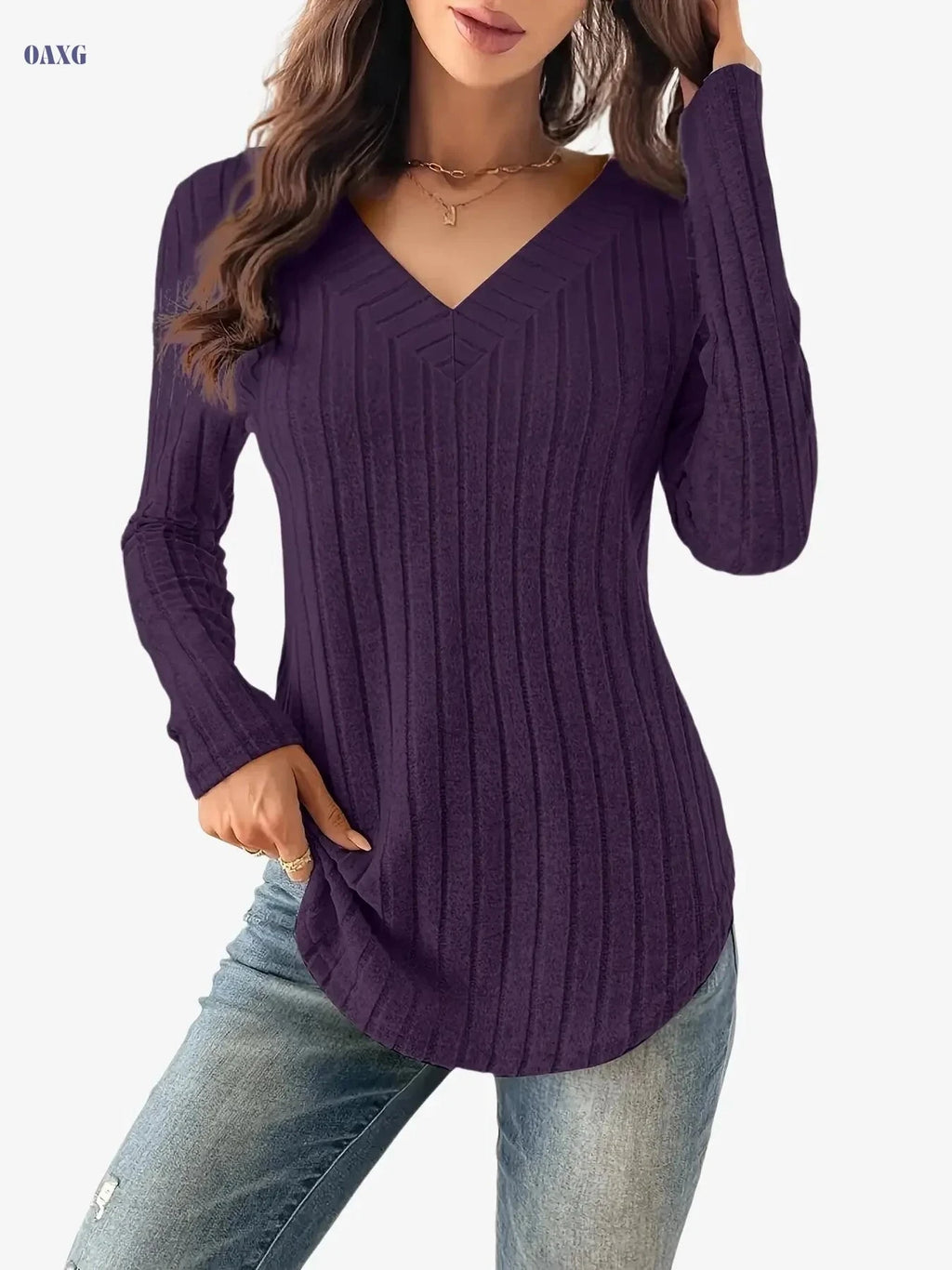Women's V-Neck Ribbed T-Shirt - Soft Casual Long Sleeve Top   OAXG 