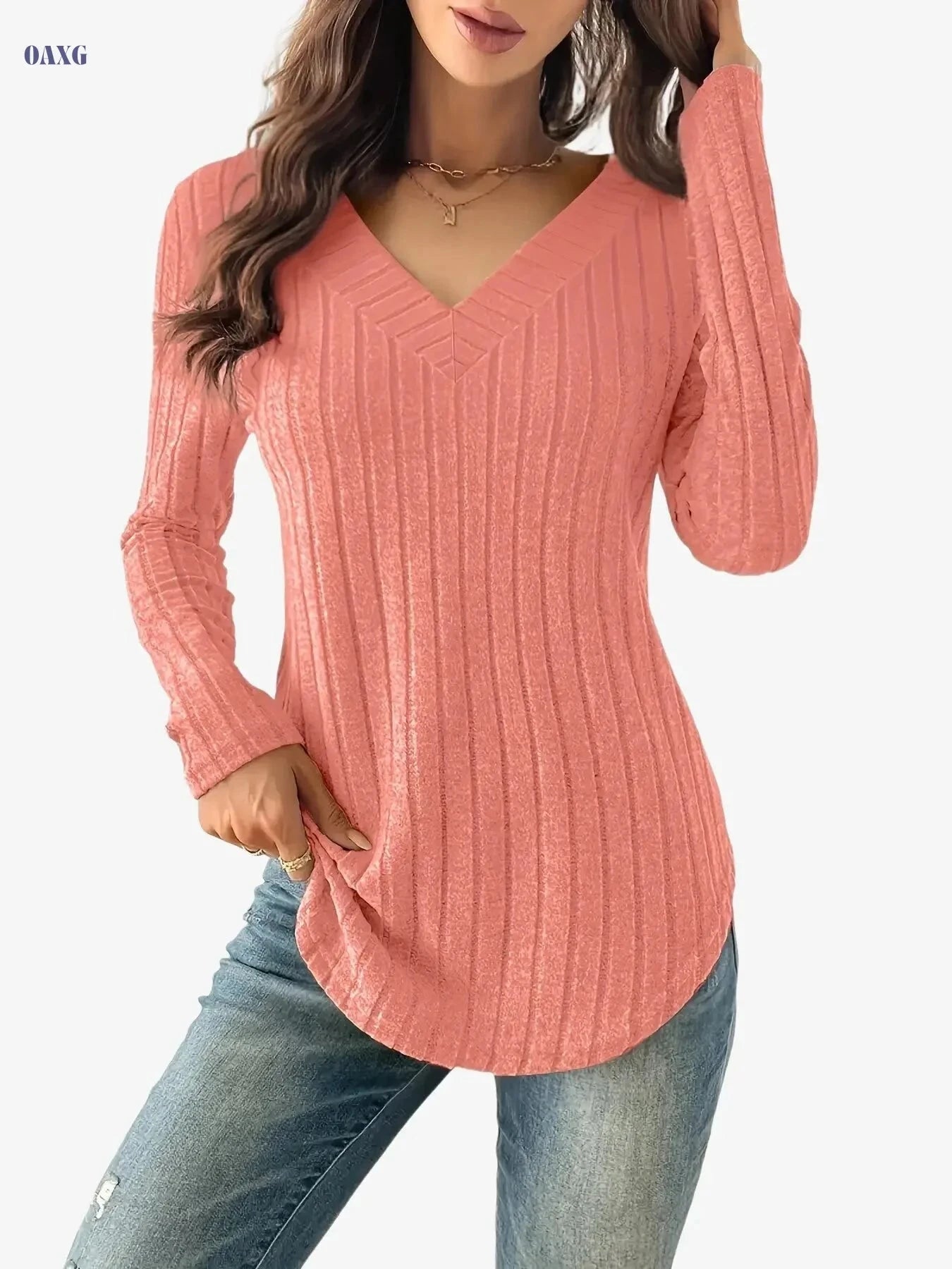 Women's V-Neck Ribbed T-Shirt - Soft Casual Long Sleeve Top   OAXG 