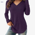 Women's V-Neck Ribbed T-Shirt - Soft Casual Long Sleeve Top   OAXG 