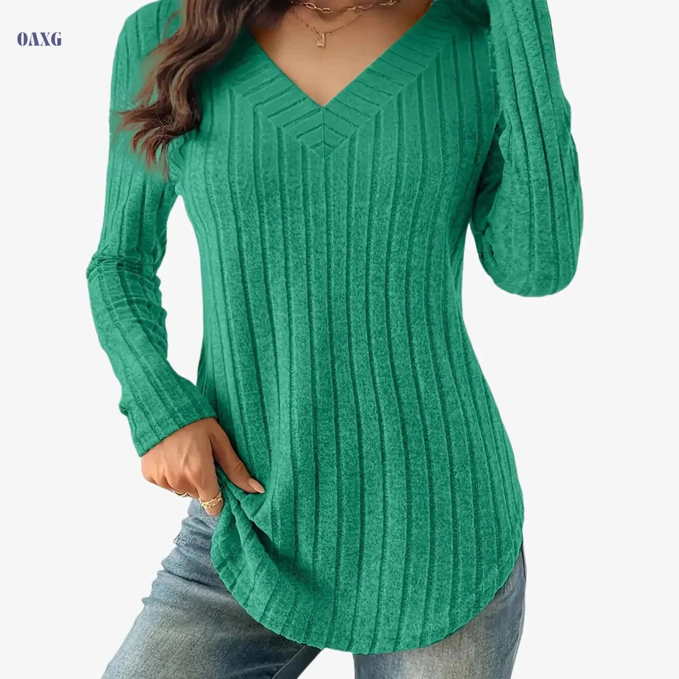 Women's V-Neck Ribbed T-Shirt - Soft Casual Long Sleeve Top   OAXG Purple / S