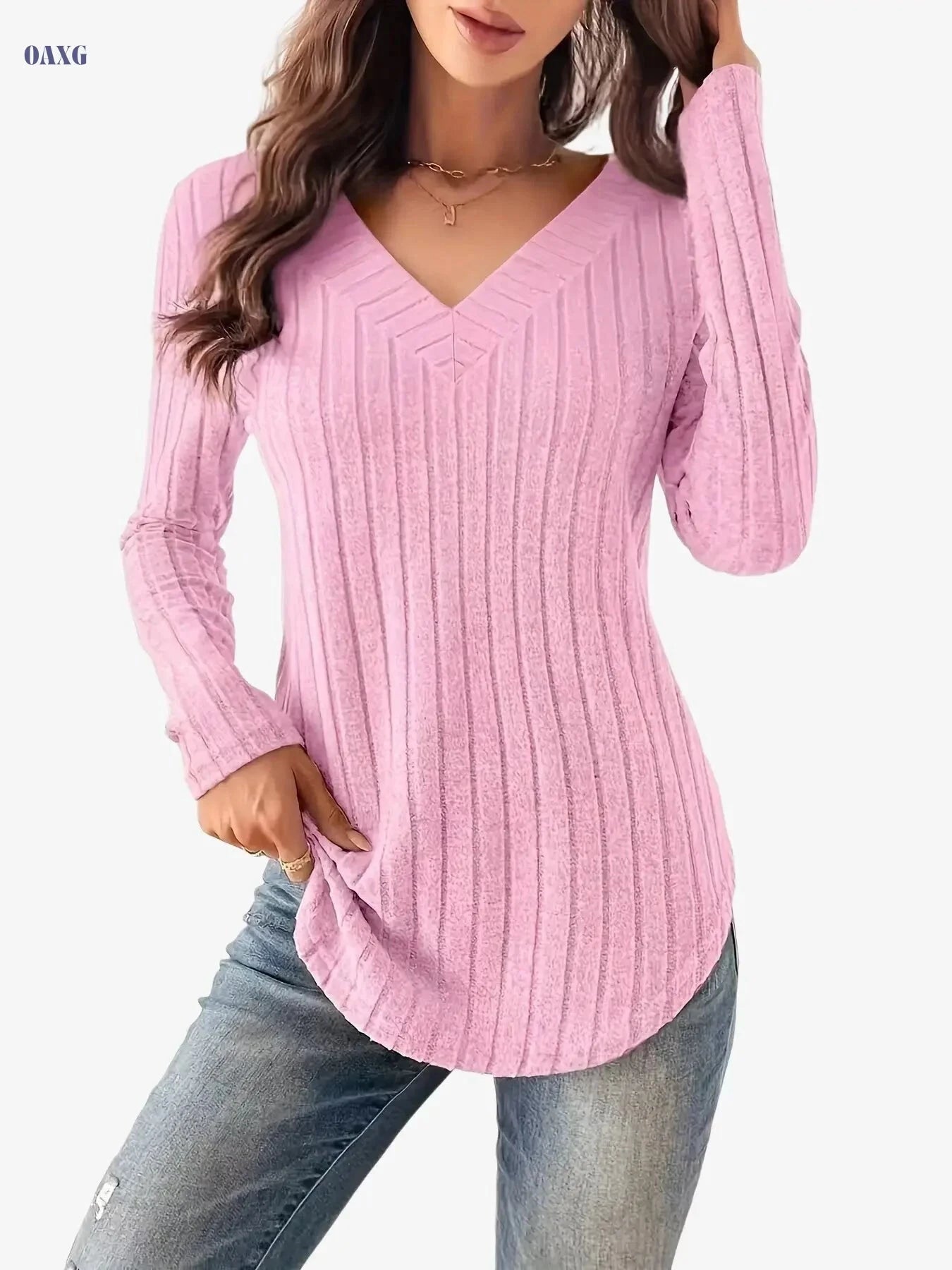 Women's V-Neck Ribbed T-Shirt - Soft Casual Long Sleeve Top   OAXG Purple / S