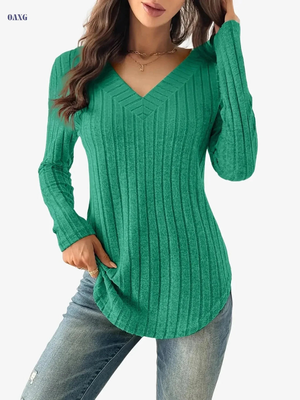 Women's V-Neck Ribbed T-Shirt - Soft Casual Long Sleeve Top   OAXG Purple / S