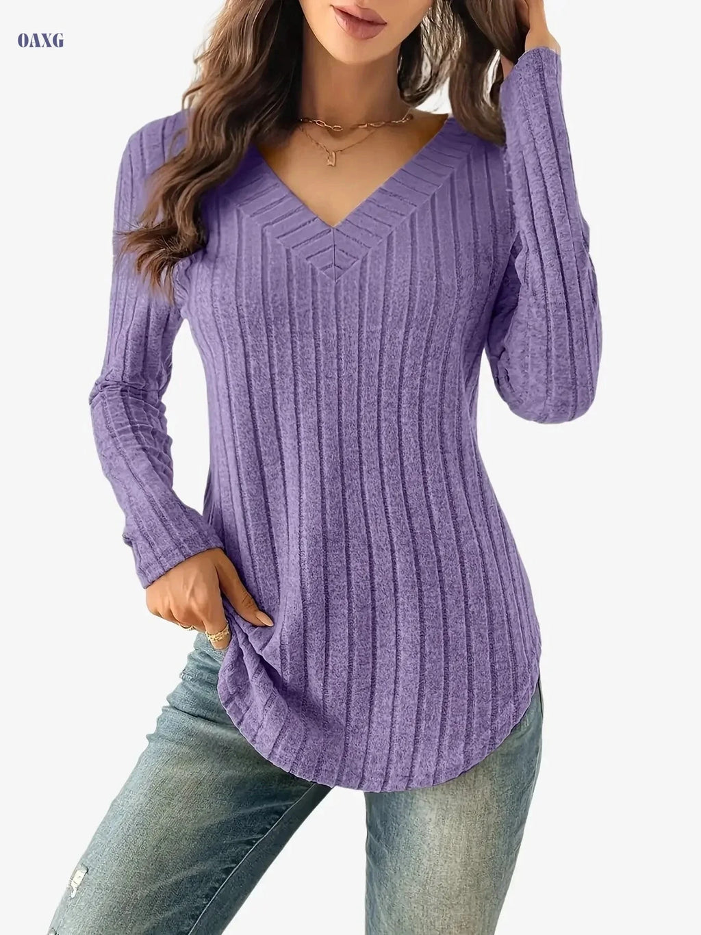 Women's V-Neck Ribbed T-Shirt - Soft Casual Long Sleeve Top   OAXG 