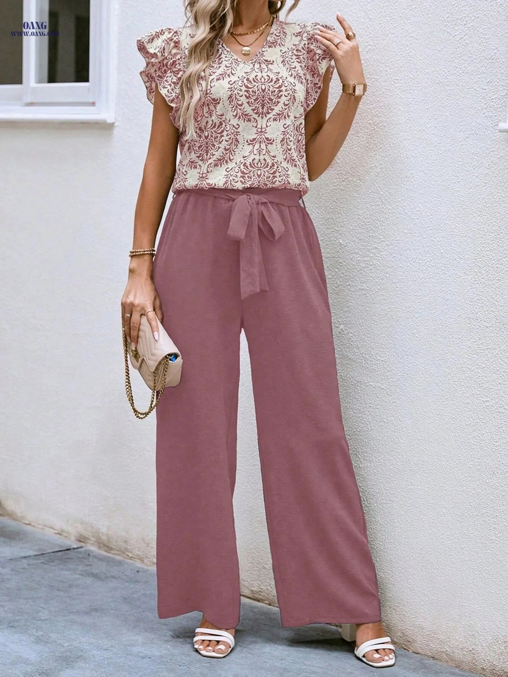 Women's V-Neck Ruffled Sleeve Set - Elegant Spring/Summer Outfit   OAXG 