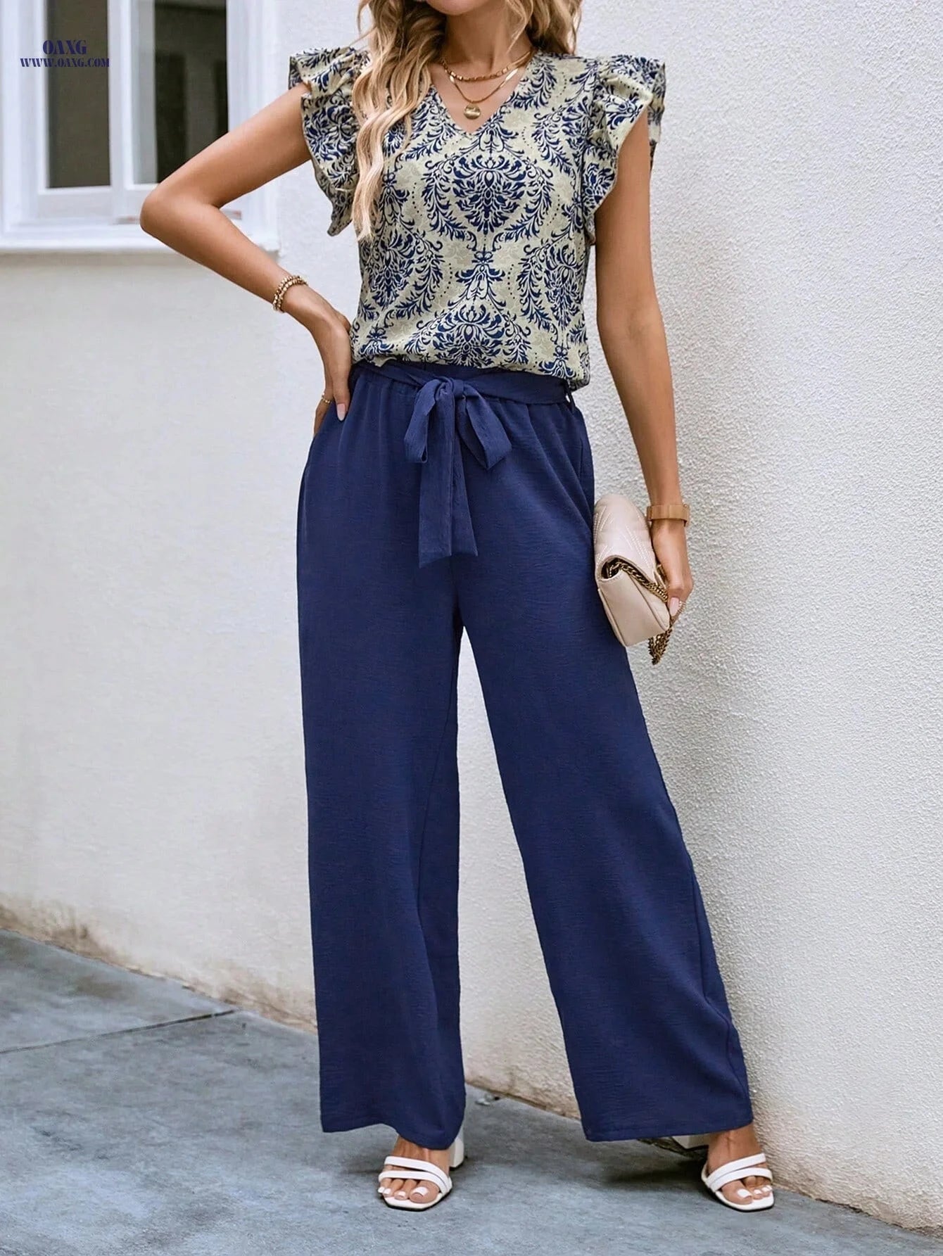 Women's V-Neck Ruffled Sleeve Set - Elegant Spring/Summer Outfit   OAXG 