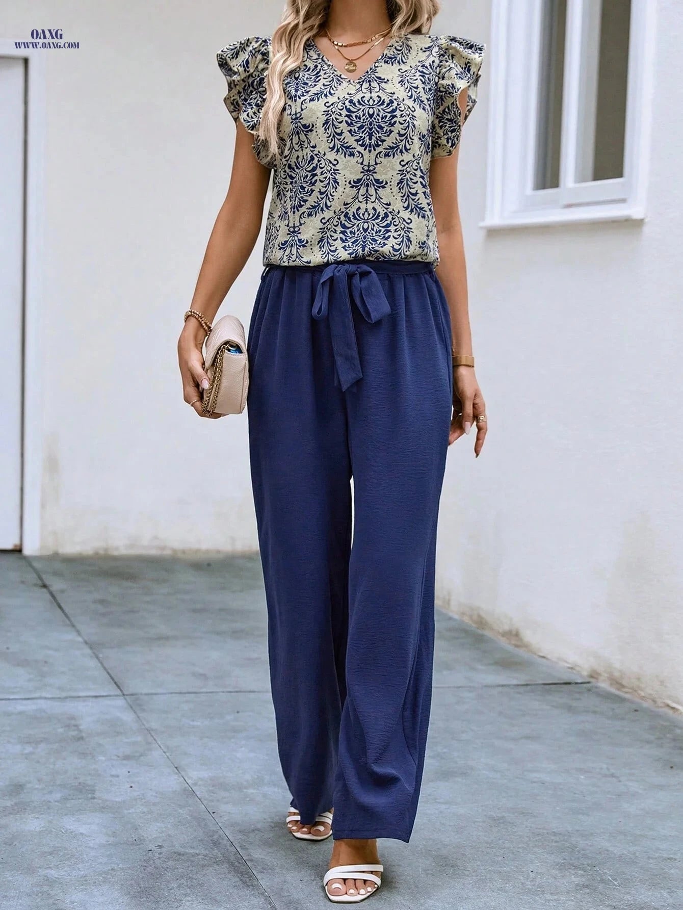 Women's V-Neck Ruffled Sleeve Set - Elegant Spring/Summer Outfit   OAXG Multicolor / S