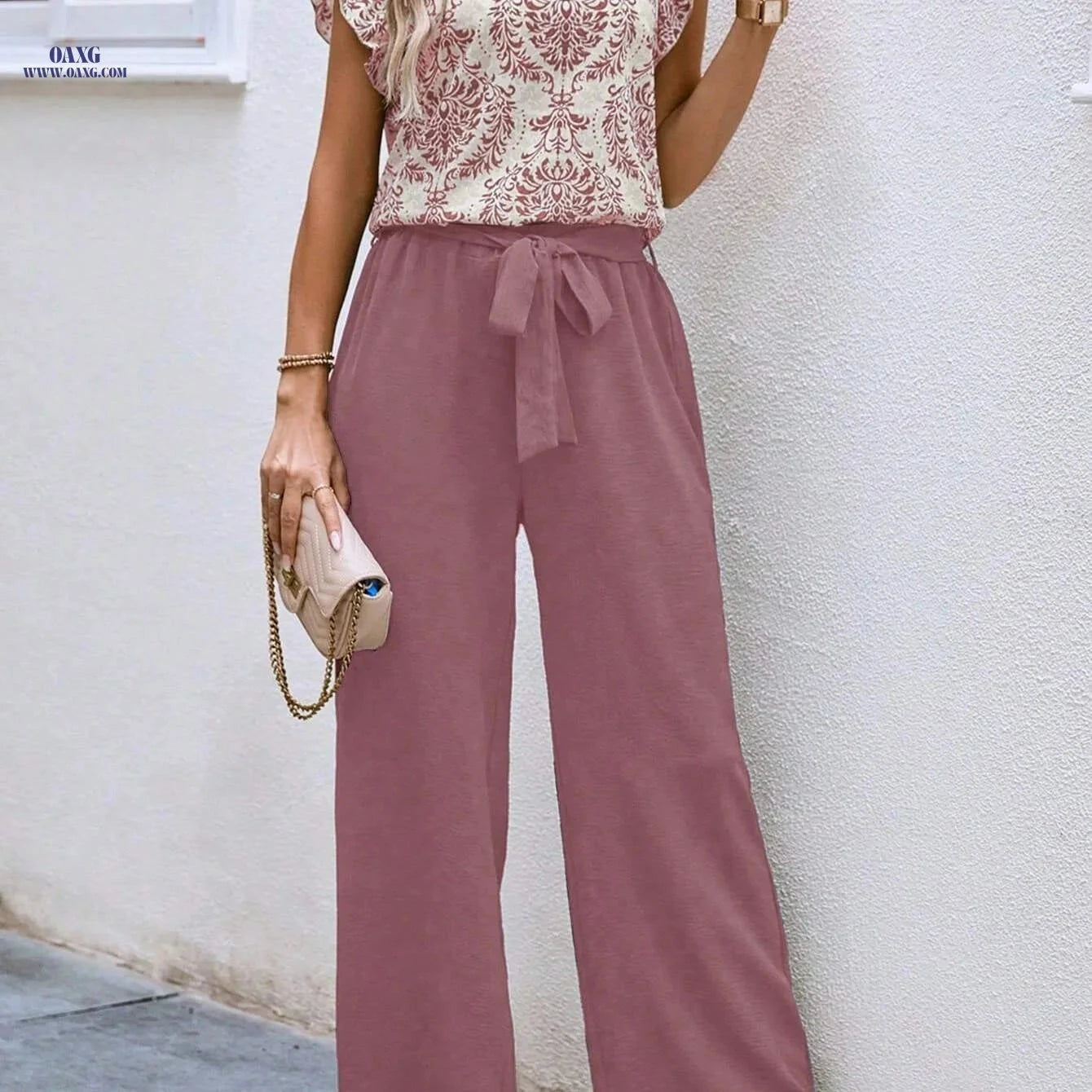 Women's V-Neck Ruffled Sleeve Set - Elegant Spring/Summer Outfit   OAXG Multicolor / S