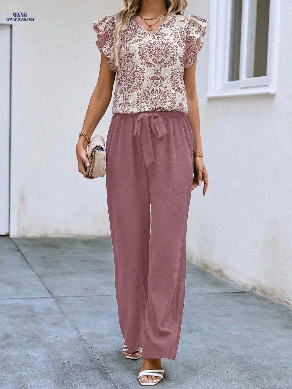 Women's V-Neck Ruffled Sleeve Set - Elegant Spring/Summer Outfit   OAXG 