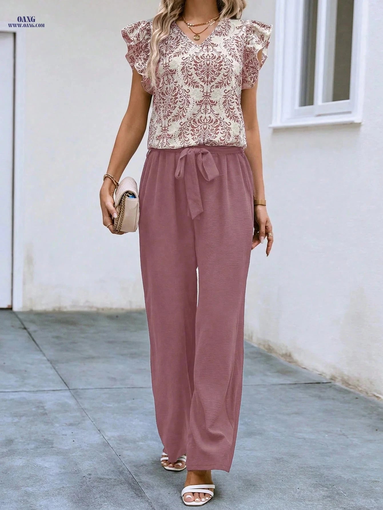 Women's V-Neck Ruffled Sleeve Set - Elegant Spring/Summer Outfit   OAXG 