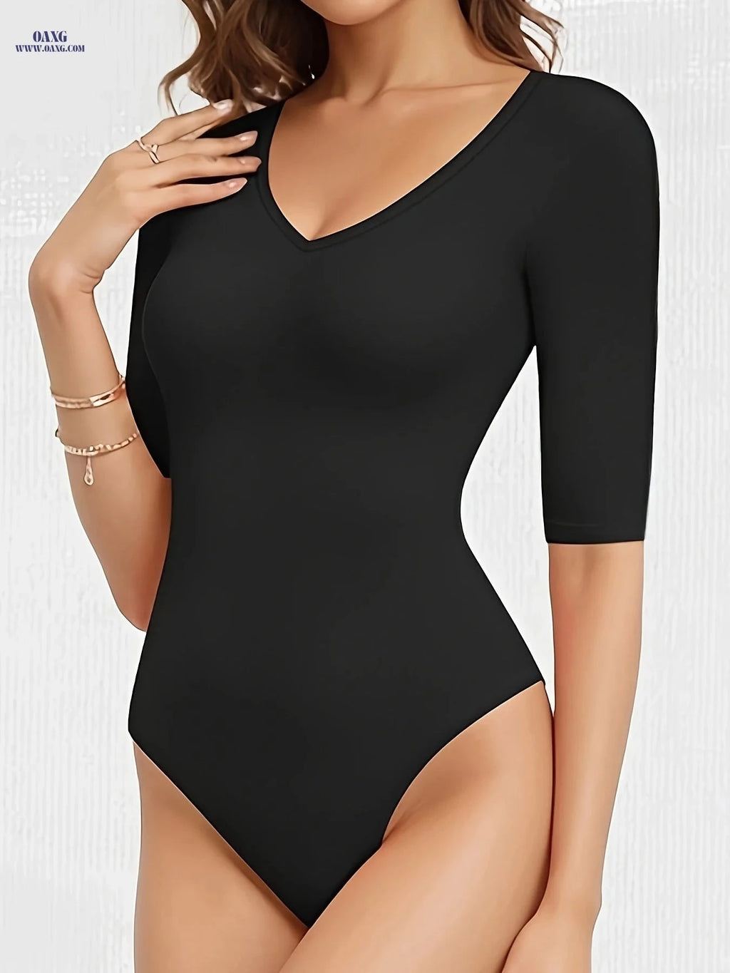 Women's V-Neck Sexy Bodysuit - Short Sleeve, Micro Elastic Fit   OAXG 