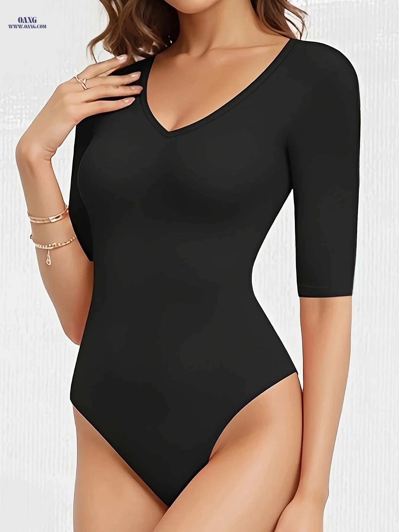 Women's V-Neck Sexy Bodysuit - Short Sleeve, Micro Elastic Fit   OAXG 