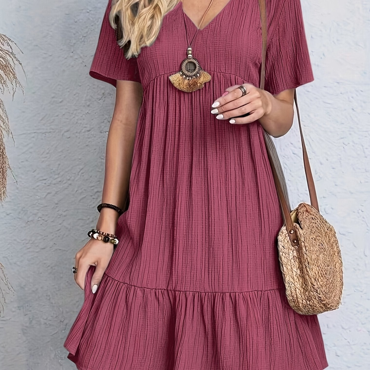 Women's V-Neck Short Dress - Elegant Solid Color for Summer Wear   OAXG 