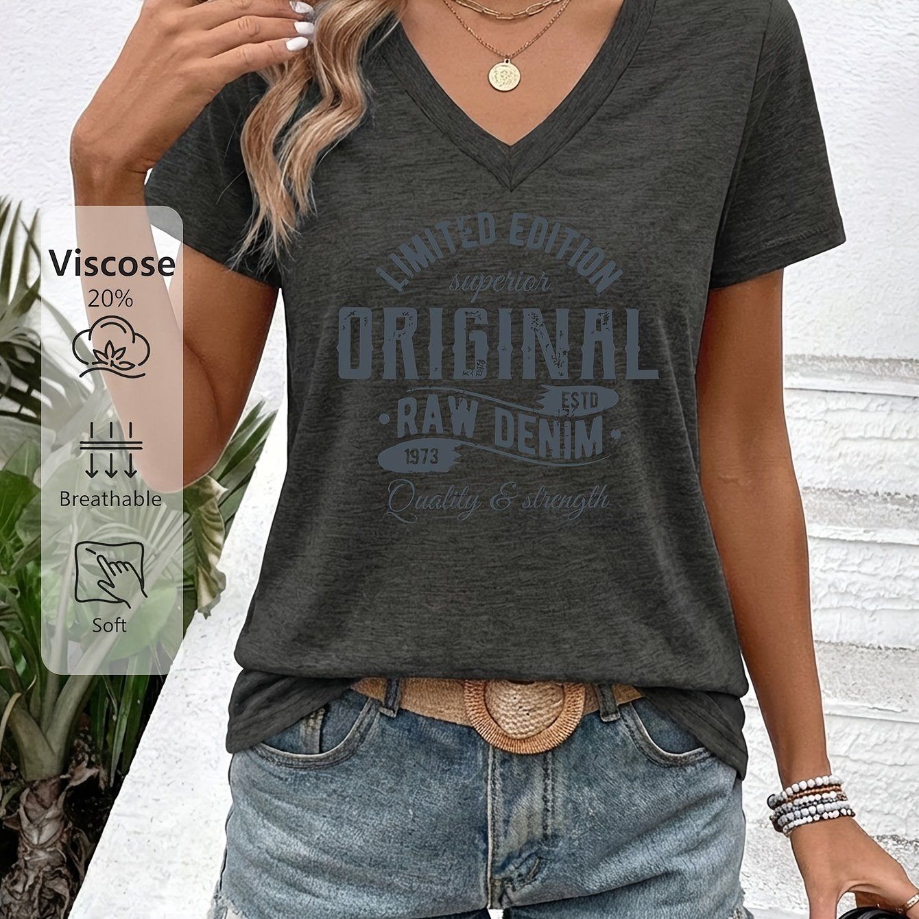 Women'S V-Neck Short-Sleeve T-Shirt Featuring a "LIMITED EDITION ORIGINAL 50.11meter Retro Denim Print. It'S Skin-Friendly, Breathable, And Has a Quality Feel. Perfect for Casual Outings with Denim Shorts Or a Laid-Back Look with a Skirt   OAXG